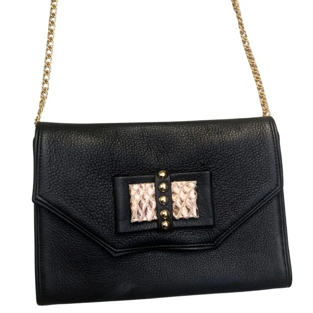 Posse Black Leather Crossbody Bag Clutch Metallic Bow Envelope Coquette Romantic - Picture 2 of 12